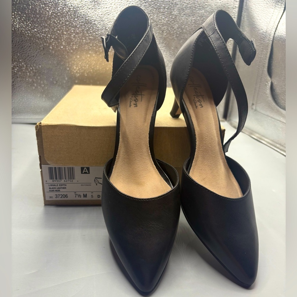 NIB Clarks Women’s Linvale Edyth Black Leather Ankle Strap Heels - Size 7.5